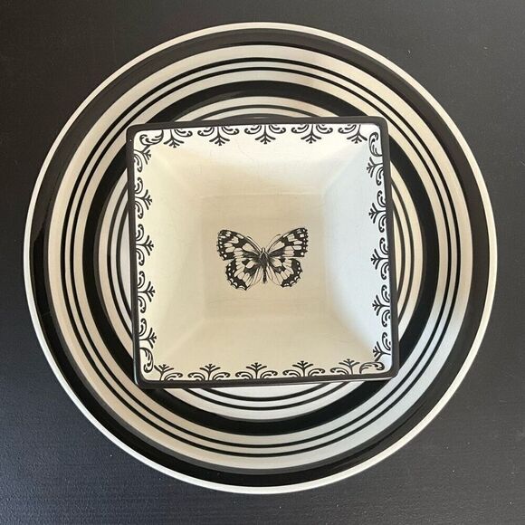 Royal Norfolk Butterfly 1 Piece Chip Veggies Dip Serving Bowl Plate Black White - Picture 1 of 8